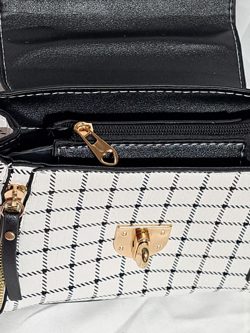 Plaid Black and White Top-Handle Satchel with Charm - Picture 16 of 16